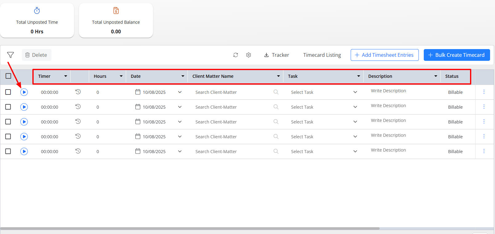 I can set the timer, select a date, hour, client matter, and task. I can also write a description and choose a status