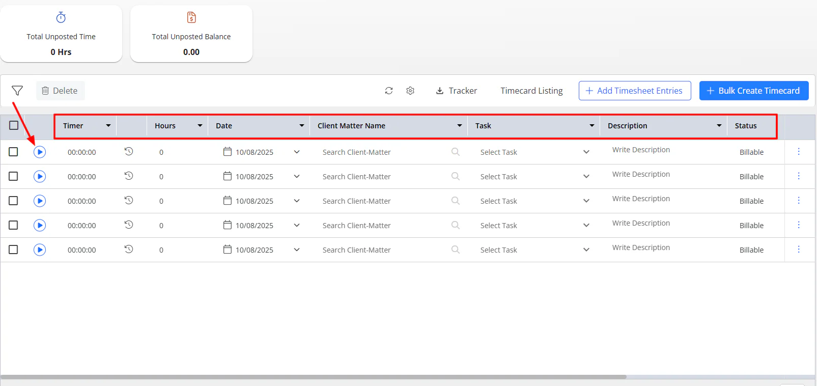 I can set the timer, select a date, hour, client matter, and task. I can also write a description and choose a status