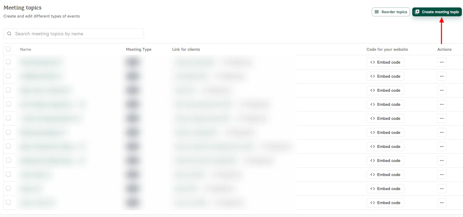 On the right side of the interface, click 'Create meeting topic'