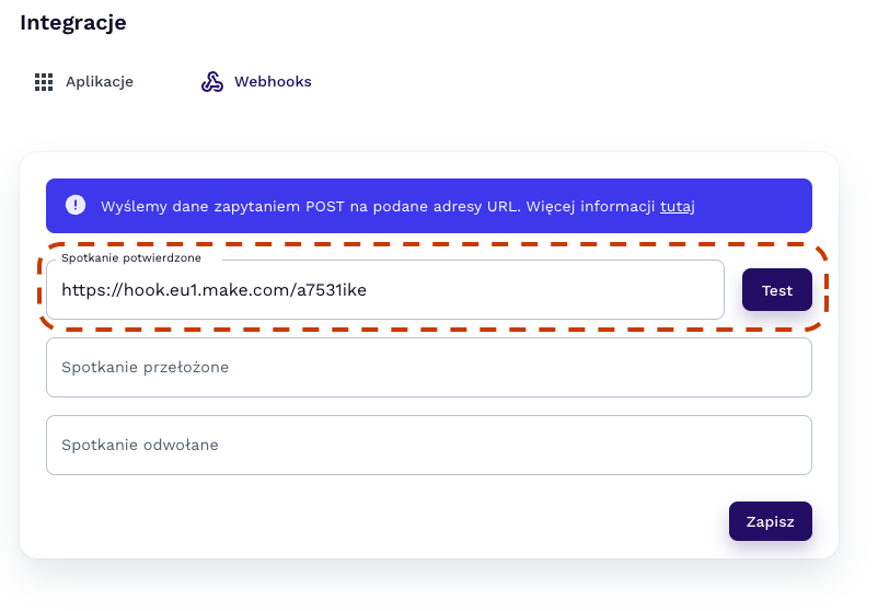Paste webhook URL in Zencal