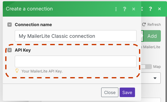 Enter MailerLite API key