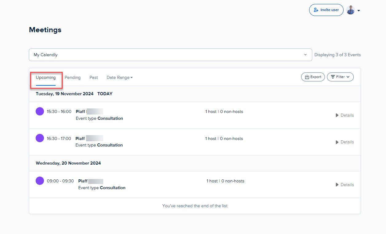 See Upcoming and Past Meetings in Calendly