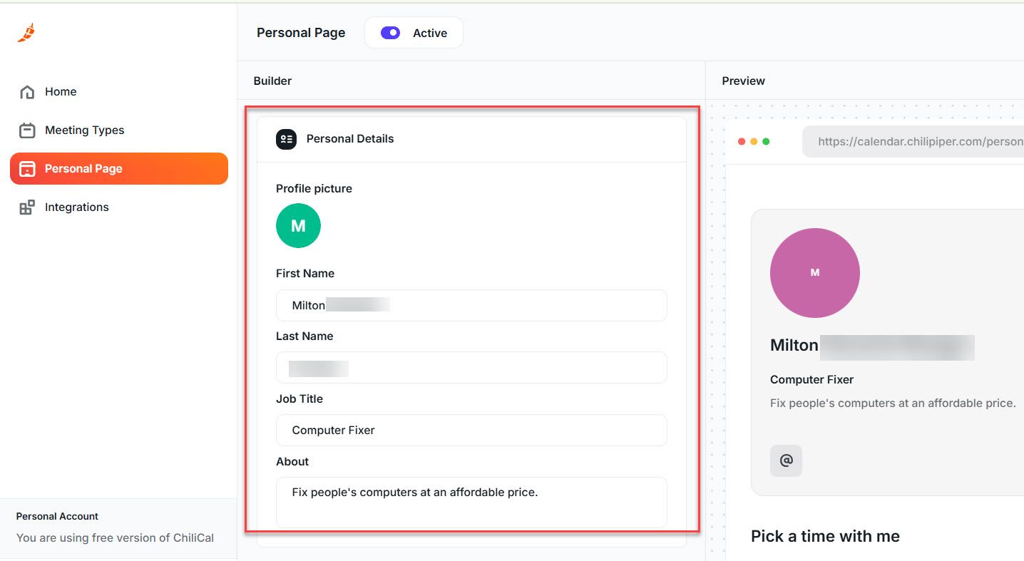 Personal Page Feature in ChiliCal