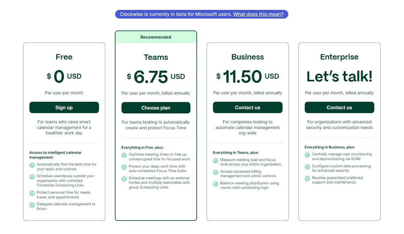 Clockwise Pricing Plans