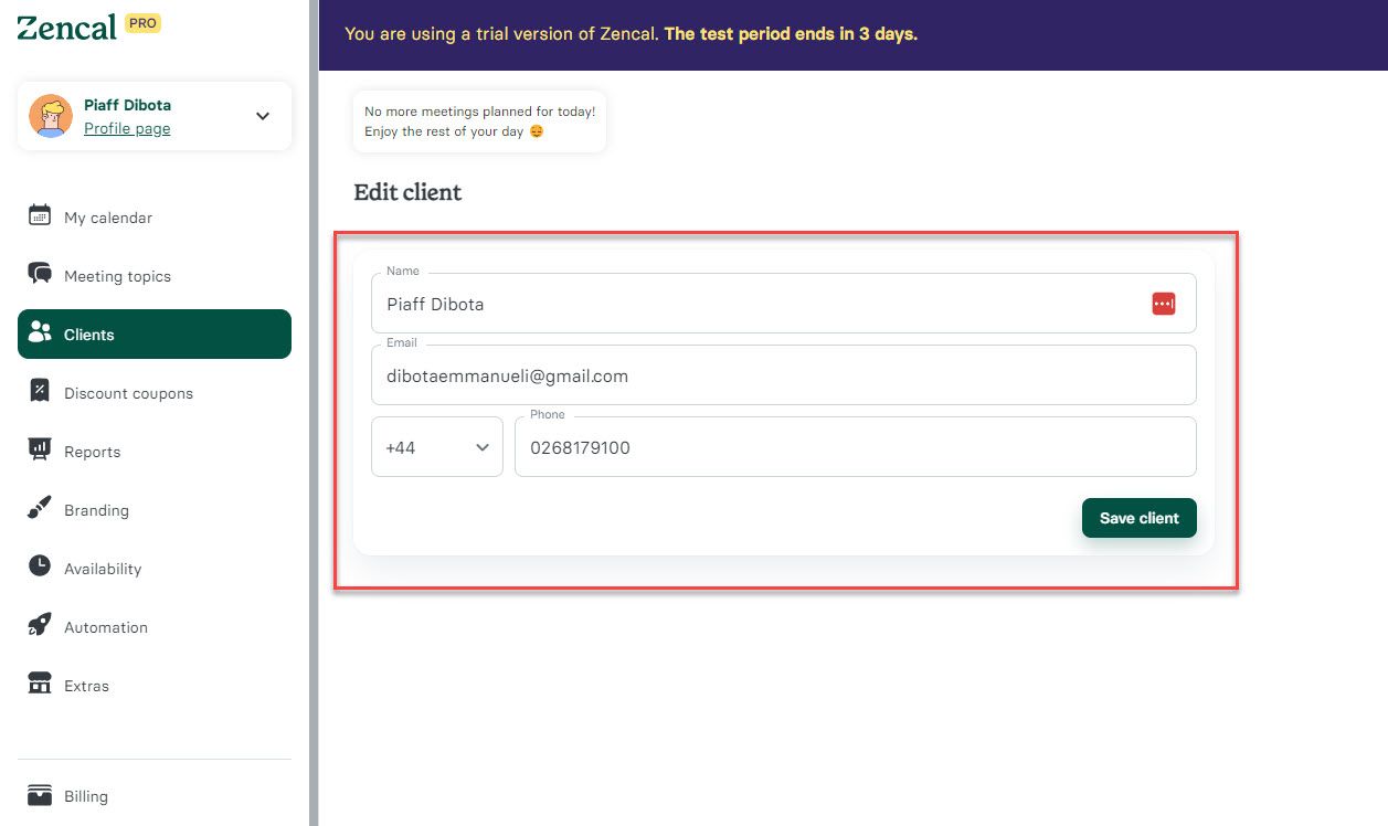 Edit Clients in Zencal After Booking