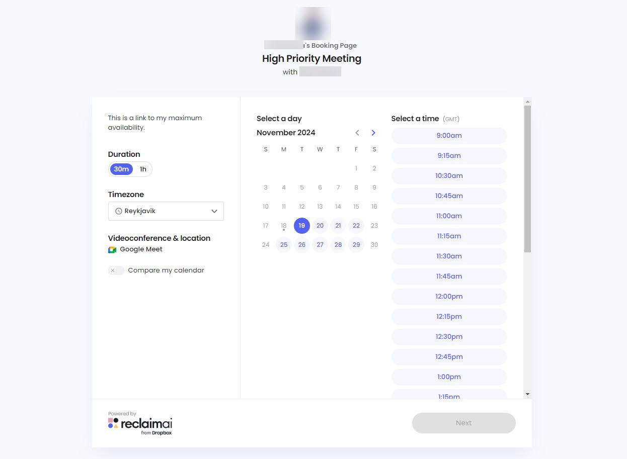 Live Meeting Scheduling Page Created With Reclaim AI
