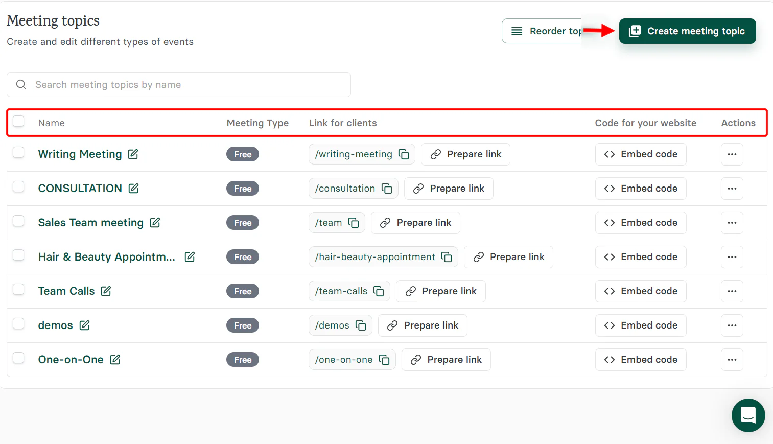 In this section, select 'create meeting topic' to create another