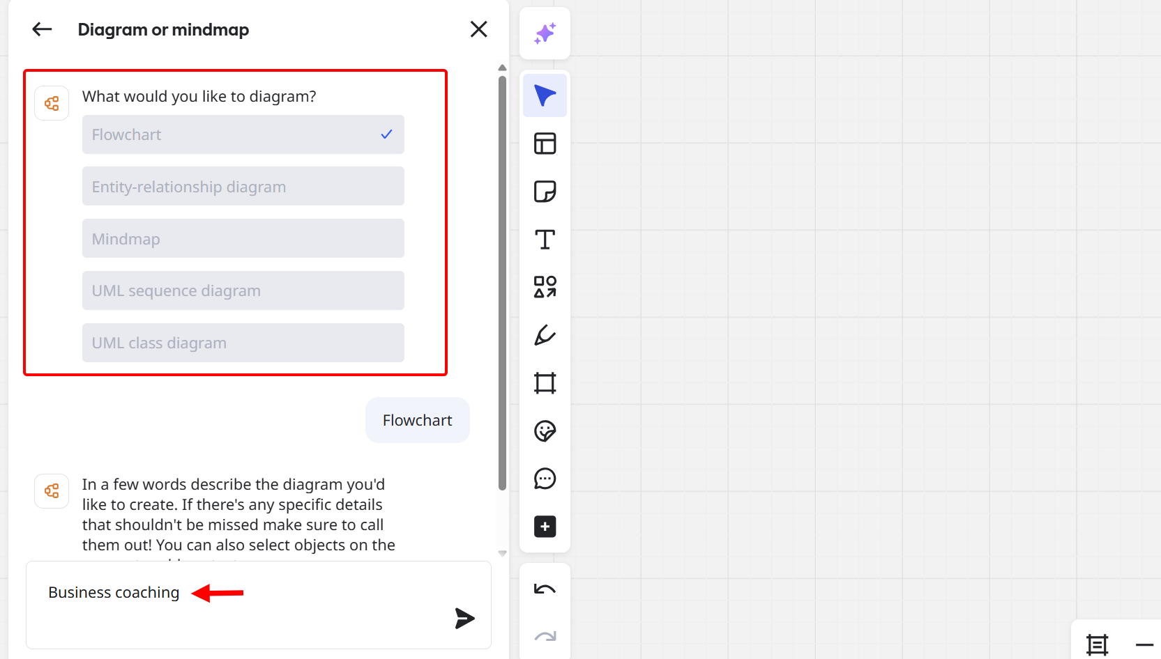 In this section, let's prompt to create a flowchart for business coaching and see what happens