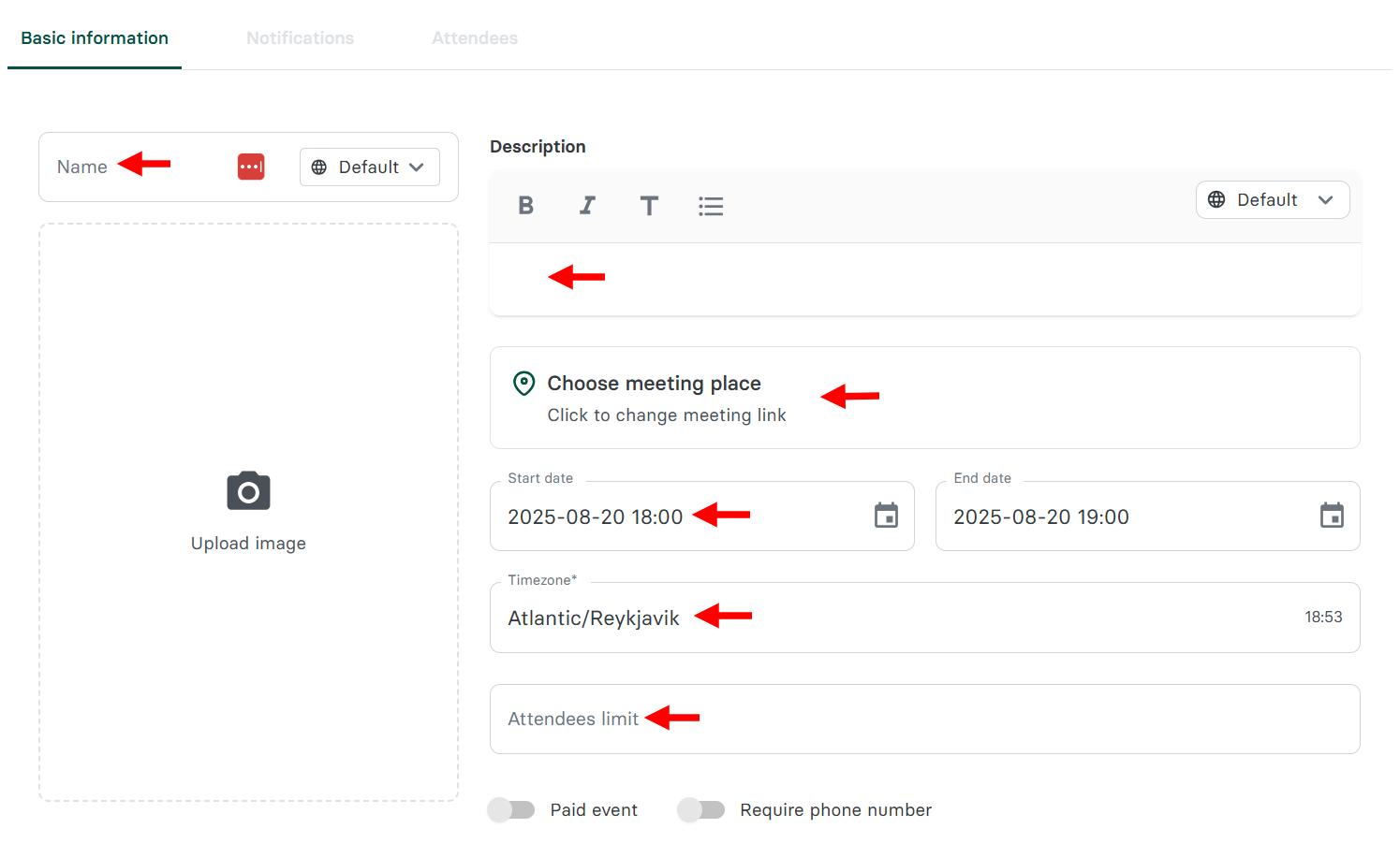 Similar to the meeting types, you set up the events' booking page, manage payments