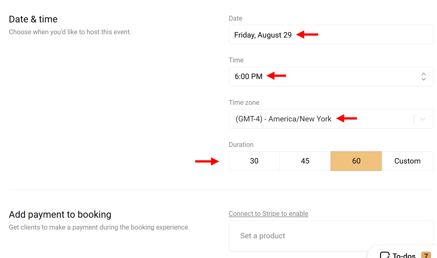 Next, scroll to the date and time section and set the date, time, duration, and time zone for the event