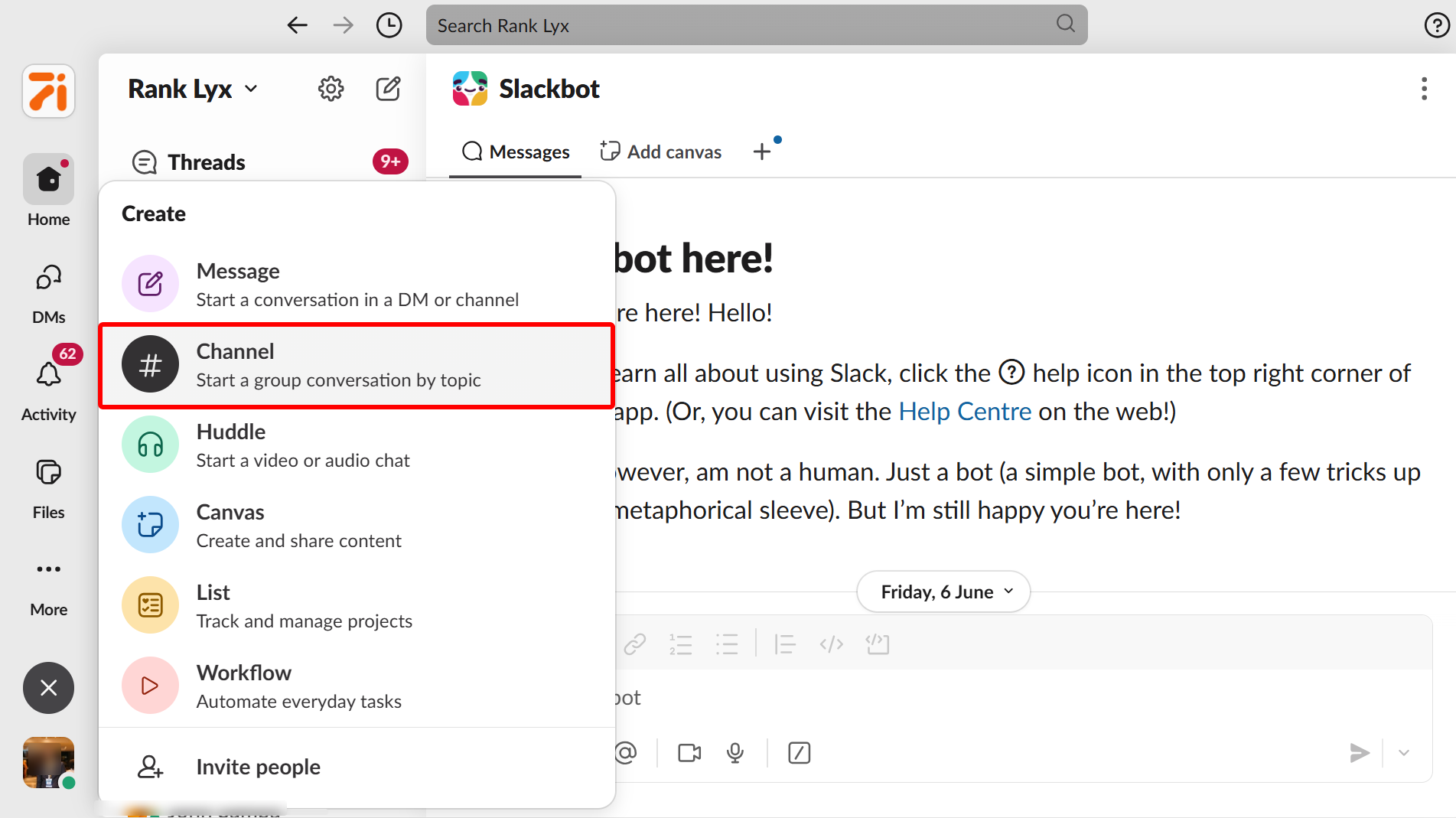 This brings out more options that let you create new messages, canvas, workflow, and much more