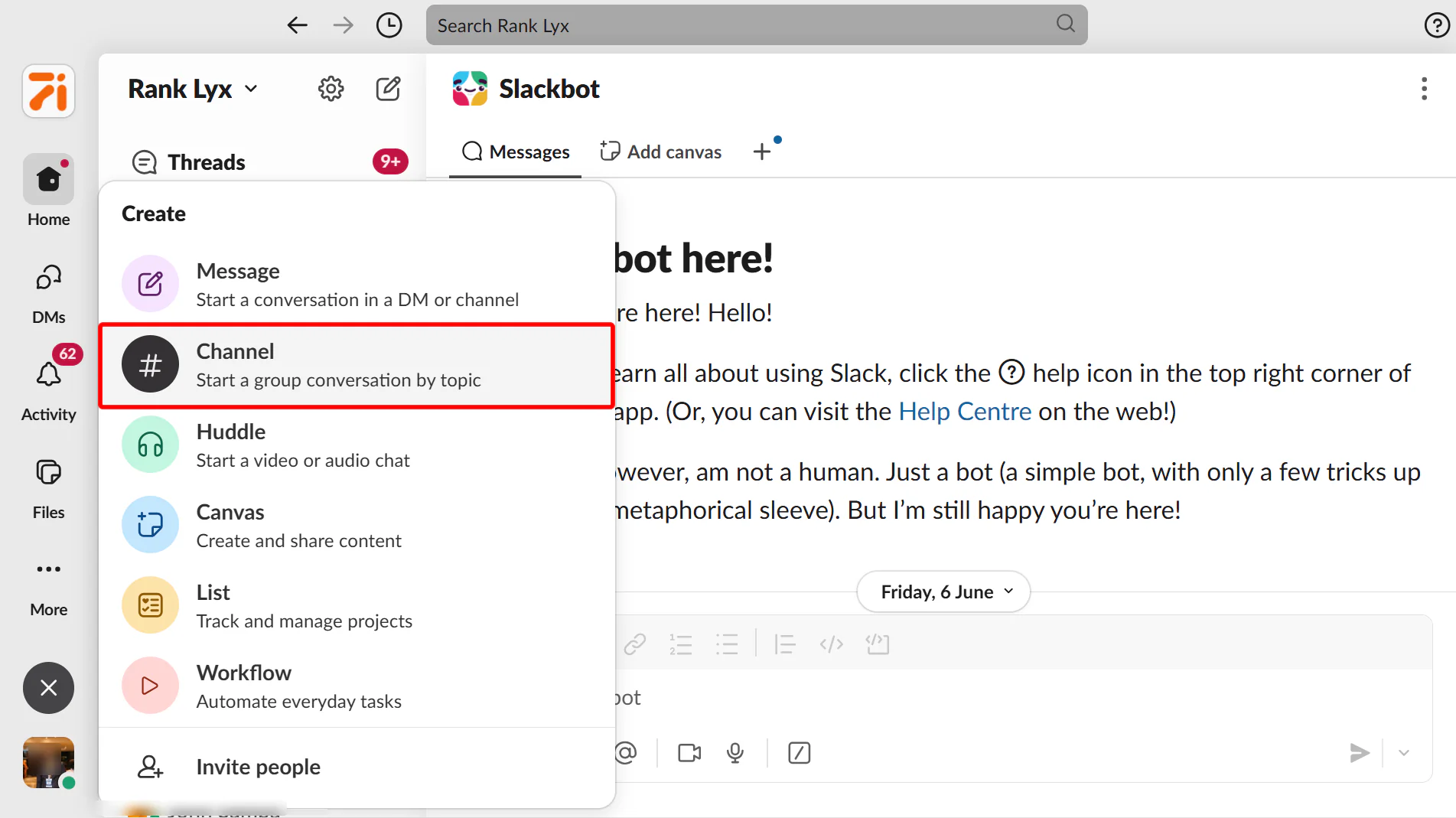 This brings out more options that let you create new messages, canvas, workflow, and much more