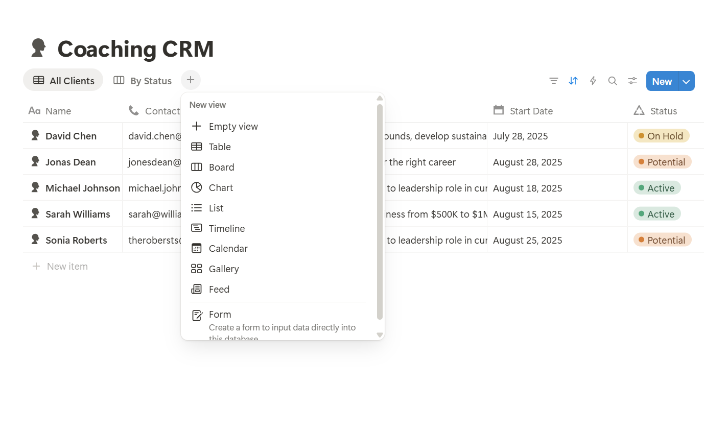 Notion has a database feature that allows you to record data, such as client sessions