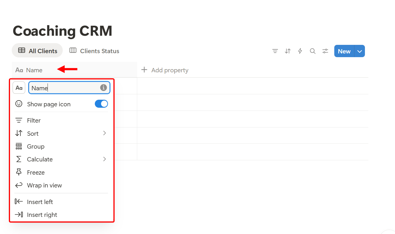 Next, select the existing table column and rename it. You can use this for the clients' name column