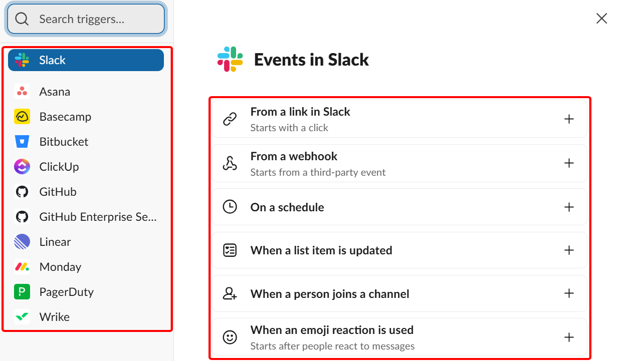 To select a trigger, for instance, select an integrated app and pick its events