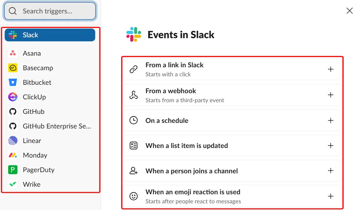 To select a trigger, for instance, select an integrated app and pick its events
