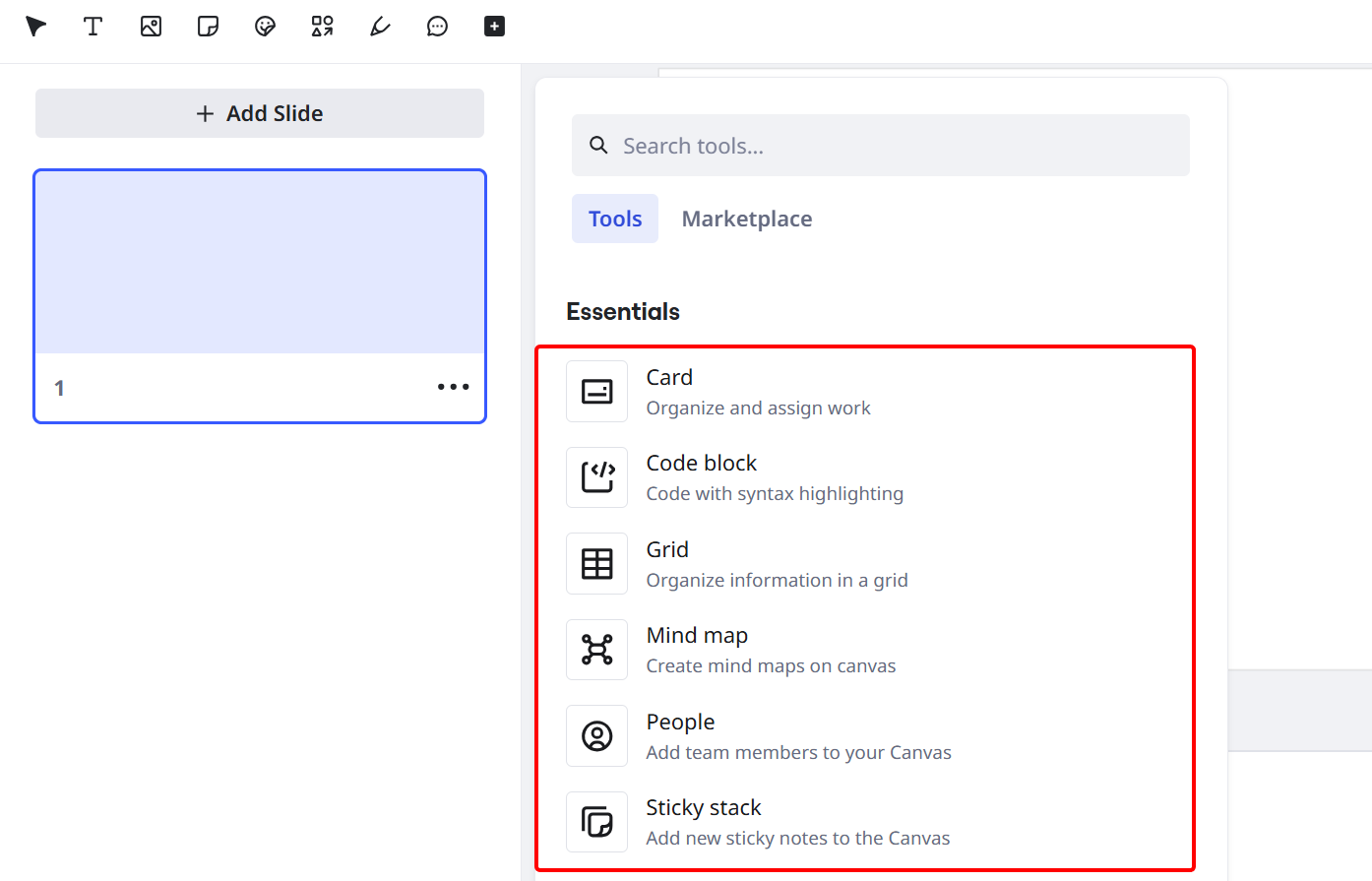 You are not limited to just elements; Miro provides tools like cards, code blocks, a grid