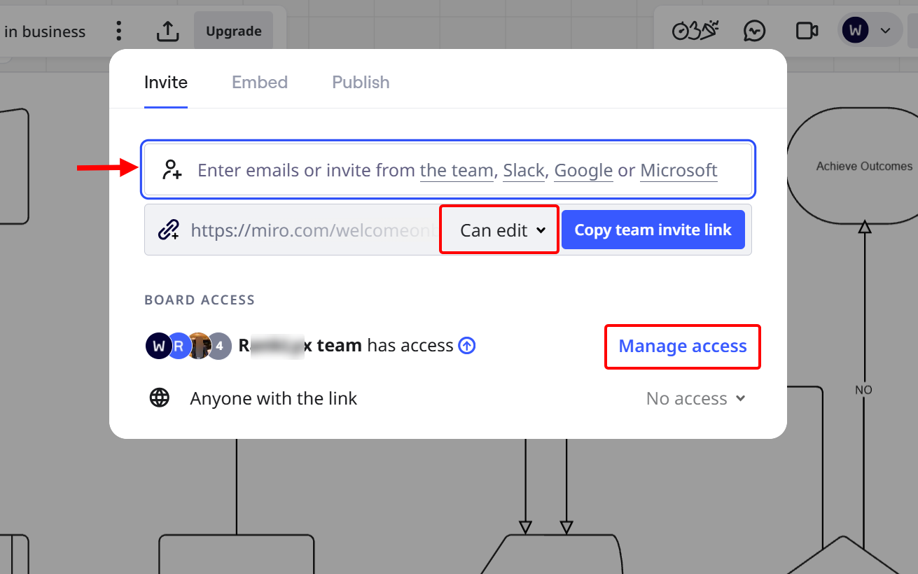 This brings up the share option, where you make the board available to clients by entering their email addresses
