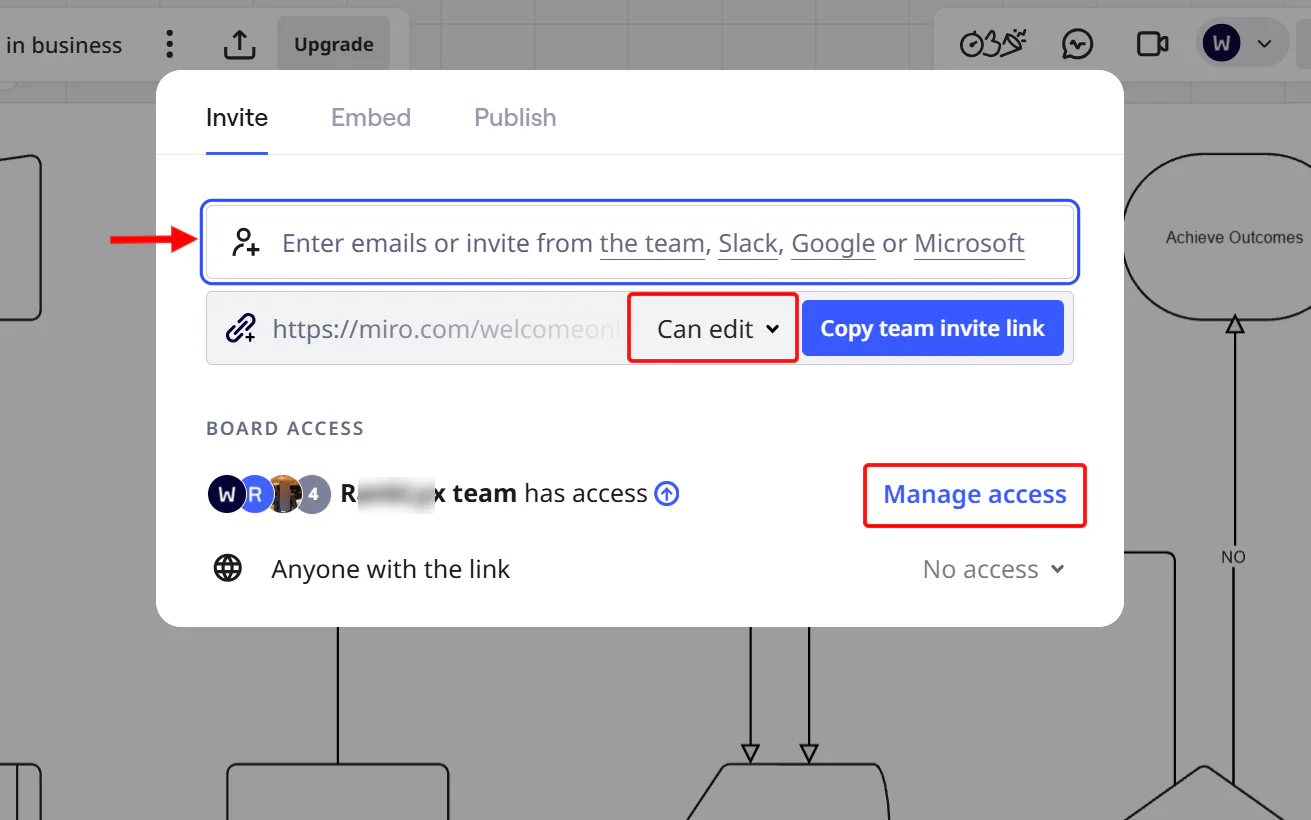 This brings up the share option, where you make the board available to clients by entering their email addresses
