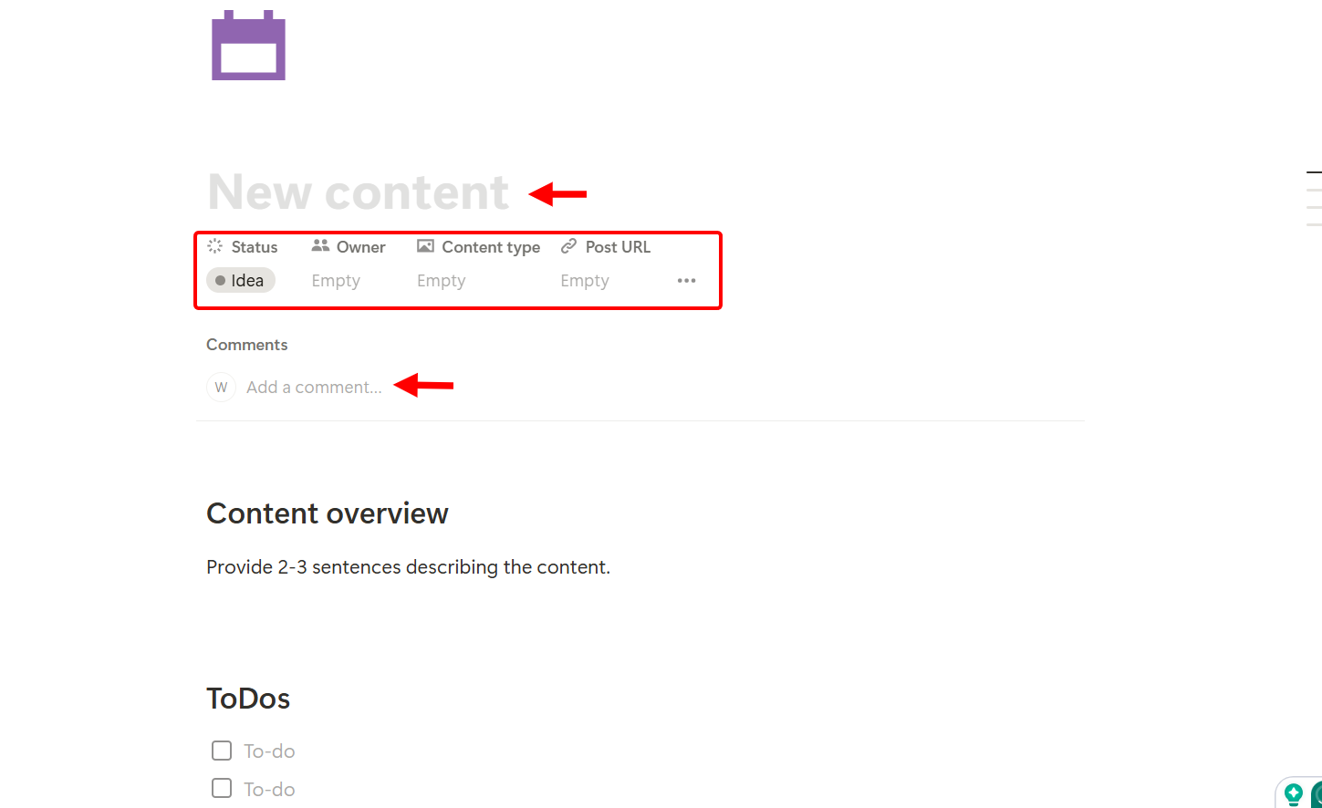 To add content to the calendar, provide a title, set its status, assign an owner, specify the content type, and enter its URL