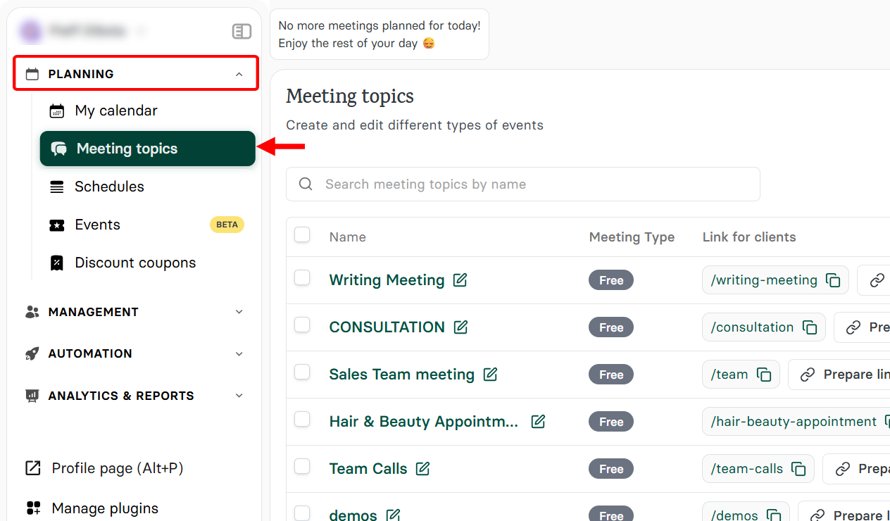 First, locate the meeting topics feature in the planning section of the main dashboard