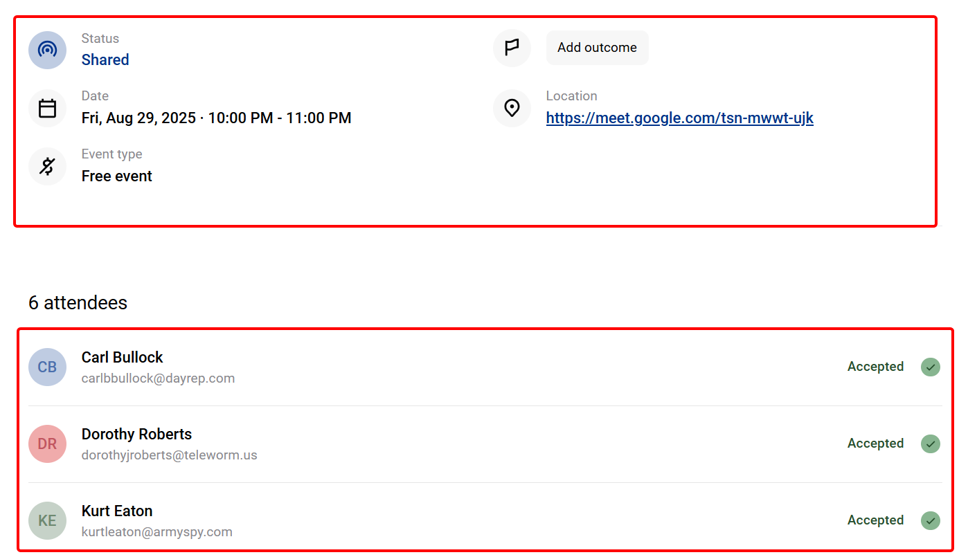 When you select an appointment like an event on the list, you can view and edit details like status, outcome, date