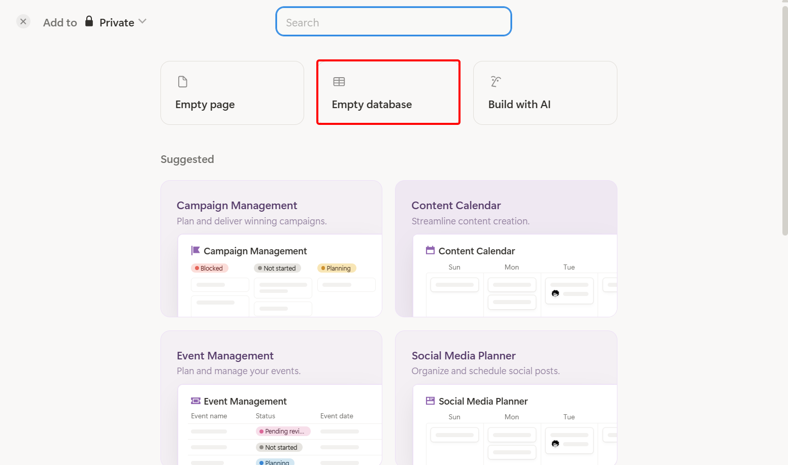 Notion provides templates, such as event and campaign management, to get started