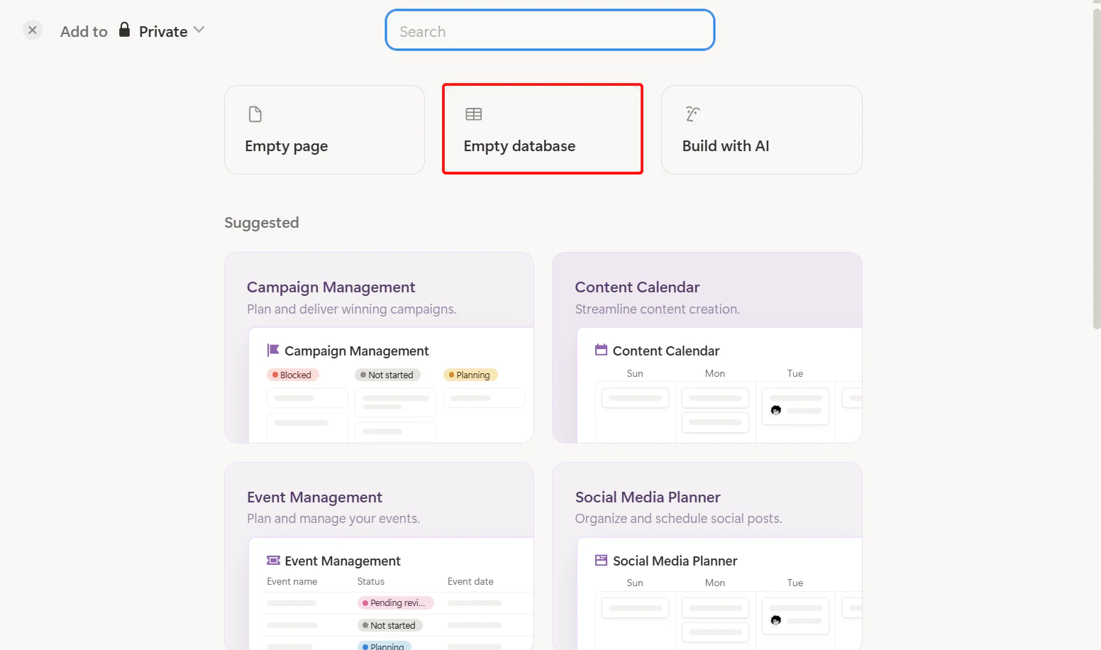 Notion provides templates, such as event and campaign management, to get started