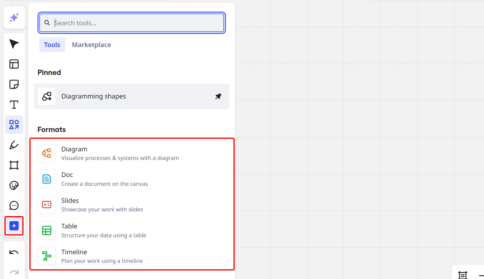 There is also a more expandable tools section which contains diagrams, documents, tables