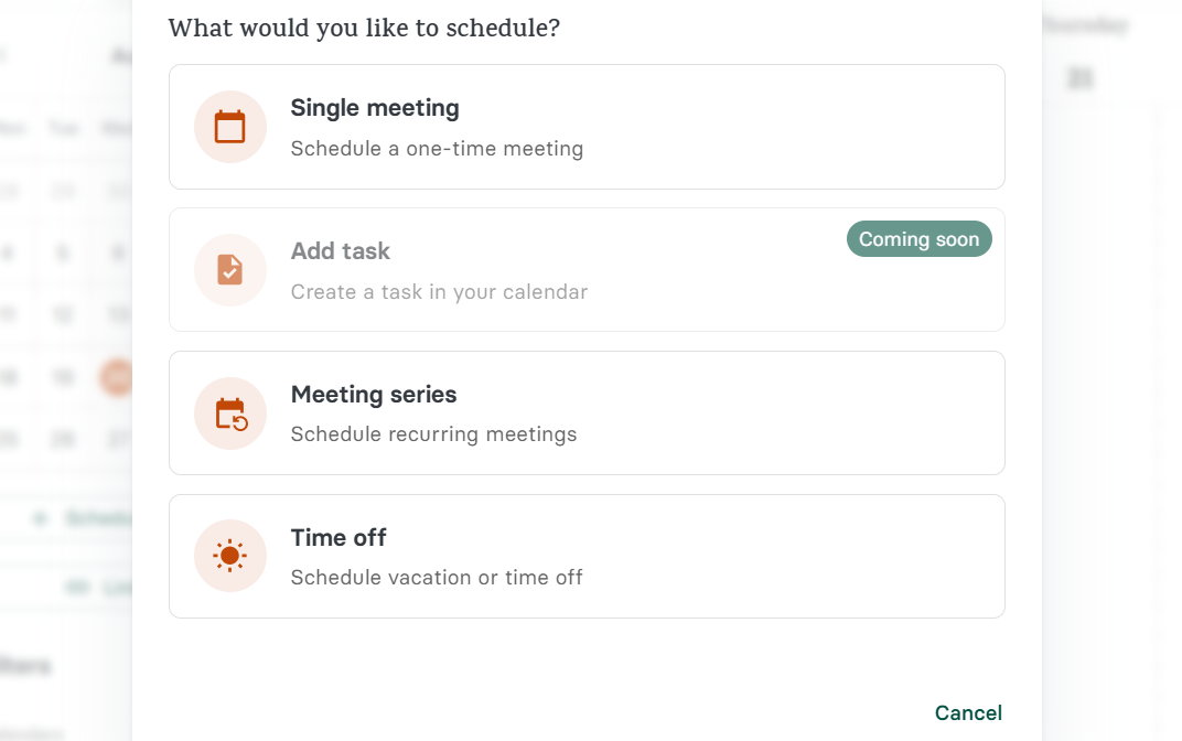 When you select an empty date, Zencal allows you to indicate whether you want to create a single meeting