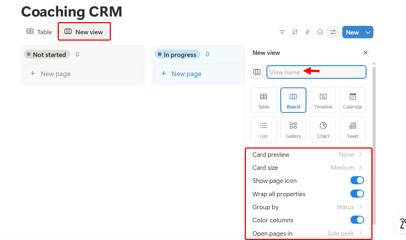 After adding the board view, you give it a name and set its properties, such as card size and group by