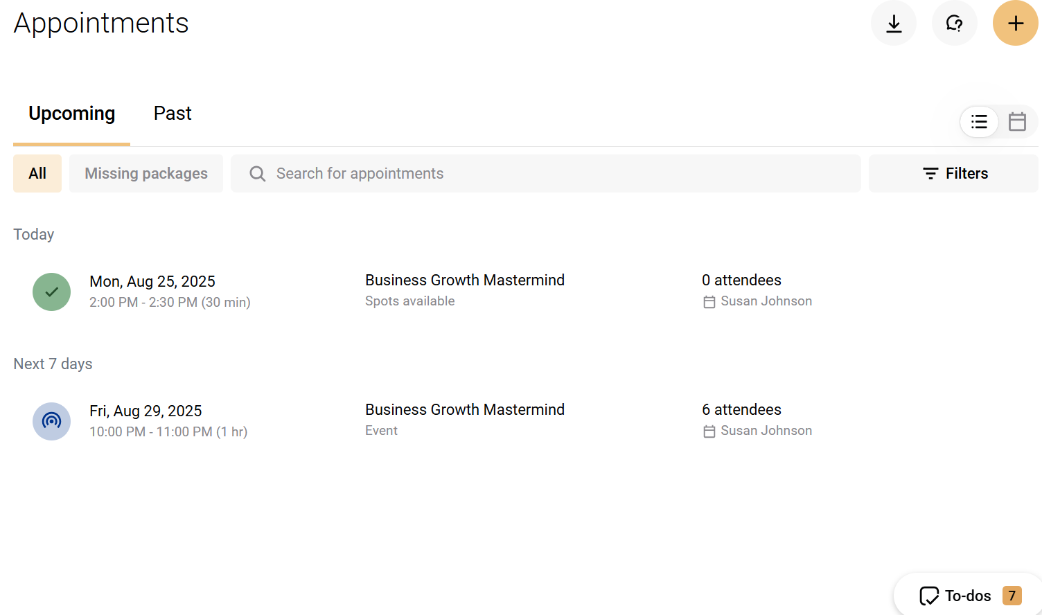 Practice.do features an Appointments section that allows you to track and confirm sessions by selecting a client,