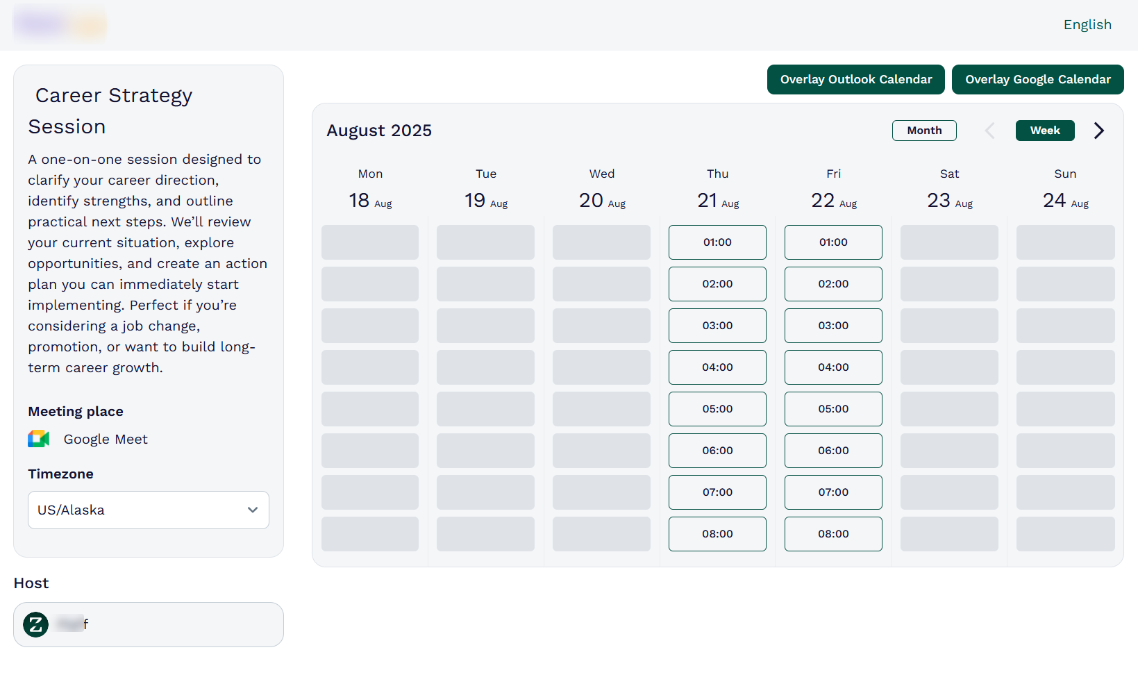 When your session is published, clients can access its booking page, select the timezone, switch to the calendar type