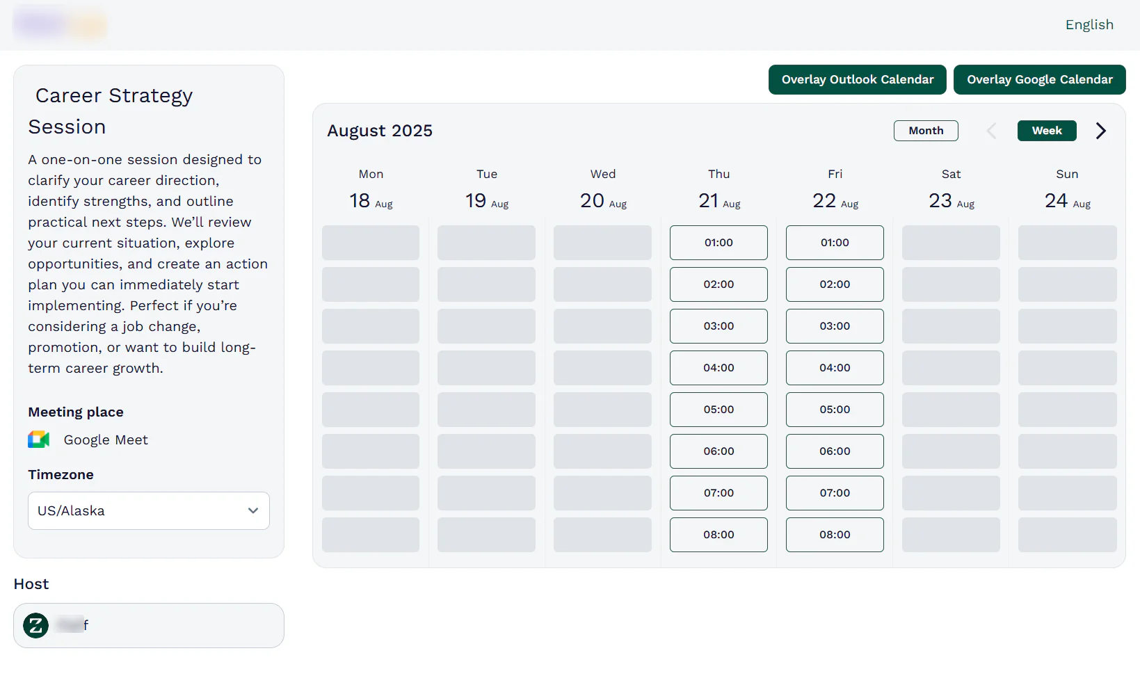 When your session is published, clients can access its booking page, select the timezone, switch to the calendar type