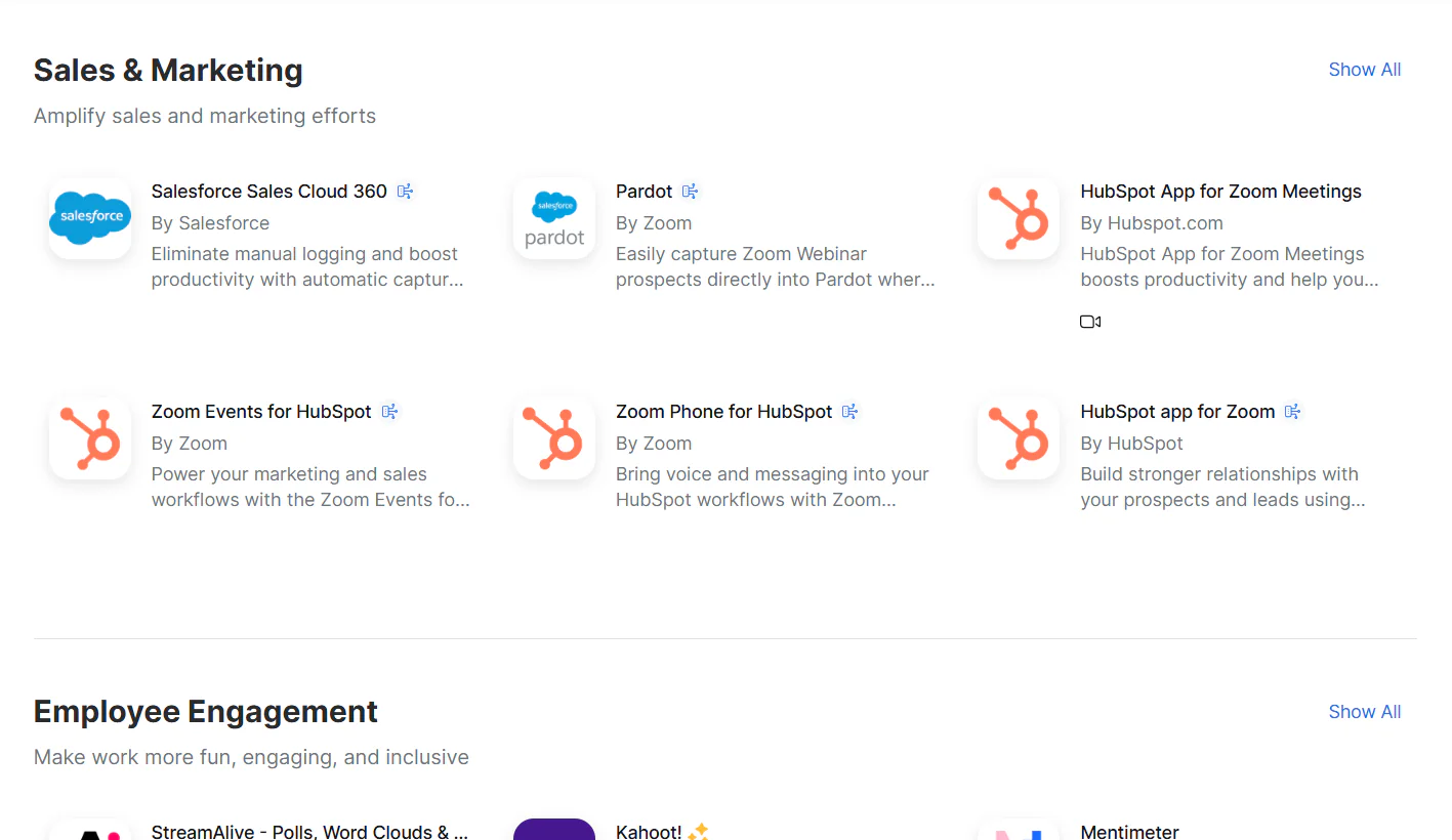 Zoom integrates with a number of apps, but you must set them up separately for scheduling, payments, or CRM systems