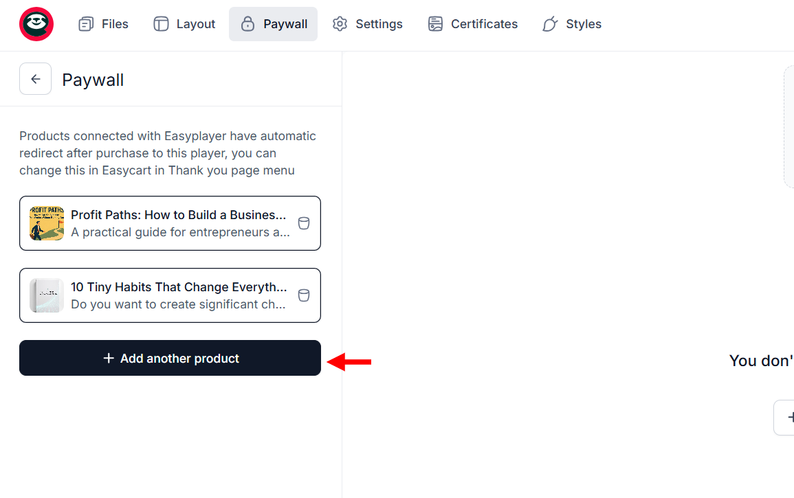 Easytools allows you to add products to the course in its paywall tab