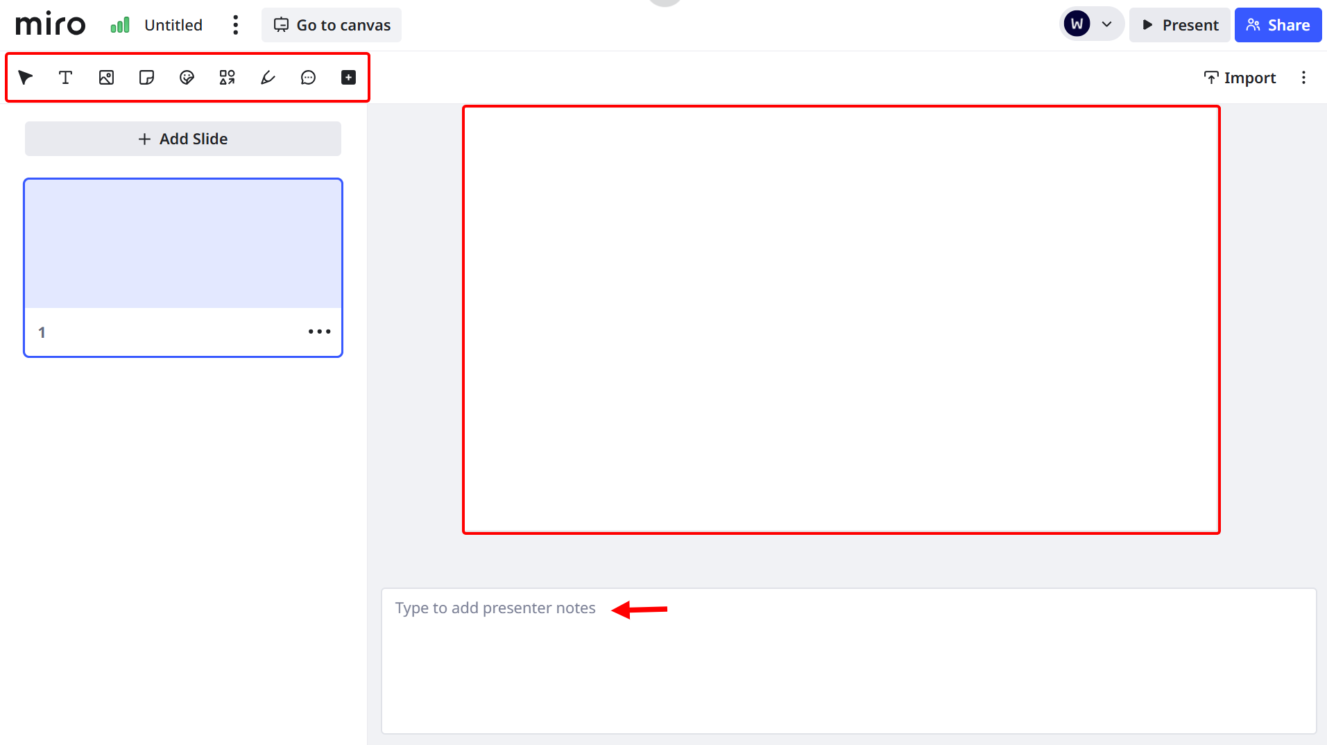 When setting it up, you add elements like text, images, sticky notes, and shapes to each slide to create content