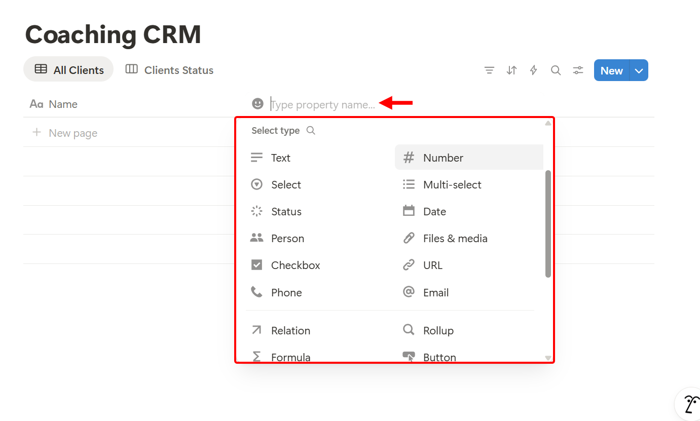 Next, select the 'Add' button next to the existing column to add another property, such as status, dates, contacts, files