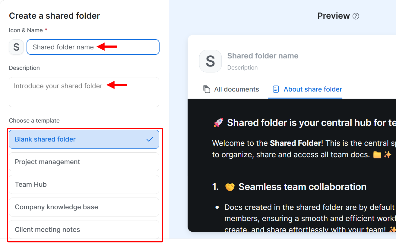 This feature also includes a section to share files, create a shared folder, and set access