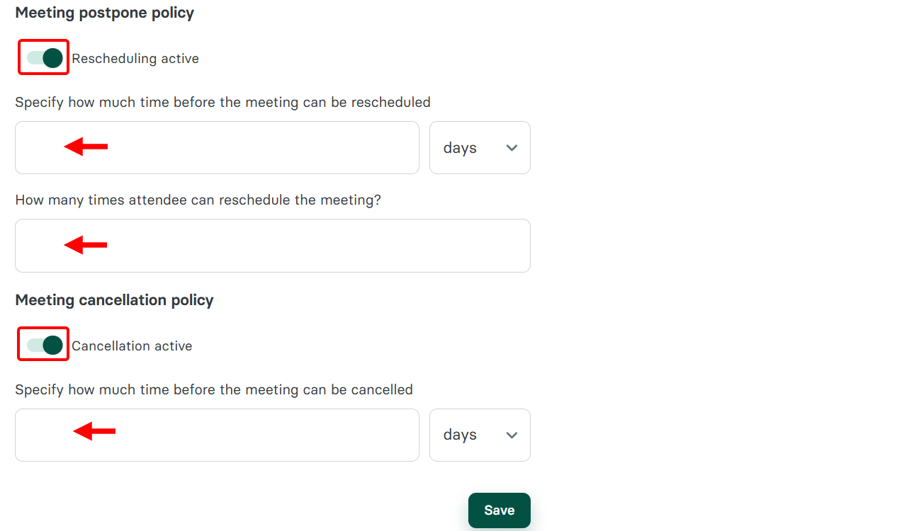 When you scroll further down in the advanced settings, you can enable rescheduling and cancellation of the session