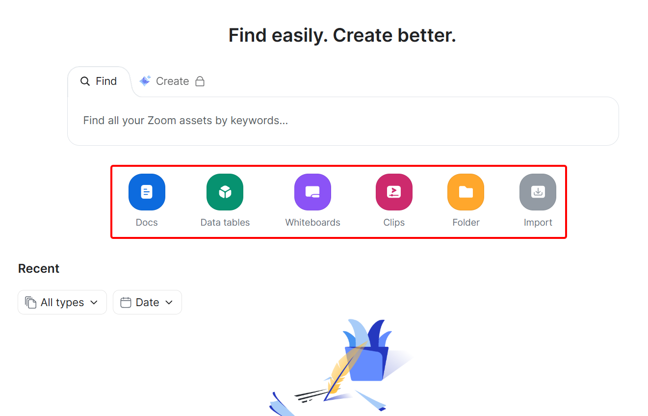 On the hub's dashboard, you can add or create documents, data tables, folders, clips, import local files and Notion