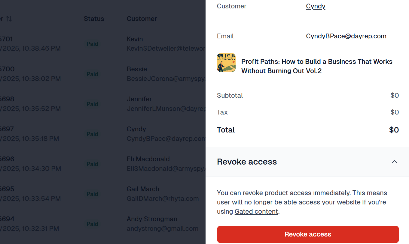 When you select an order from the list, it opens the details section, where you can view the order's tax and total price