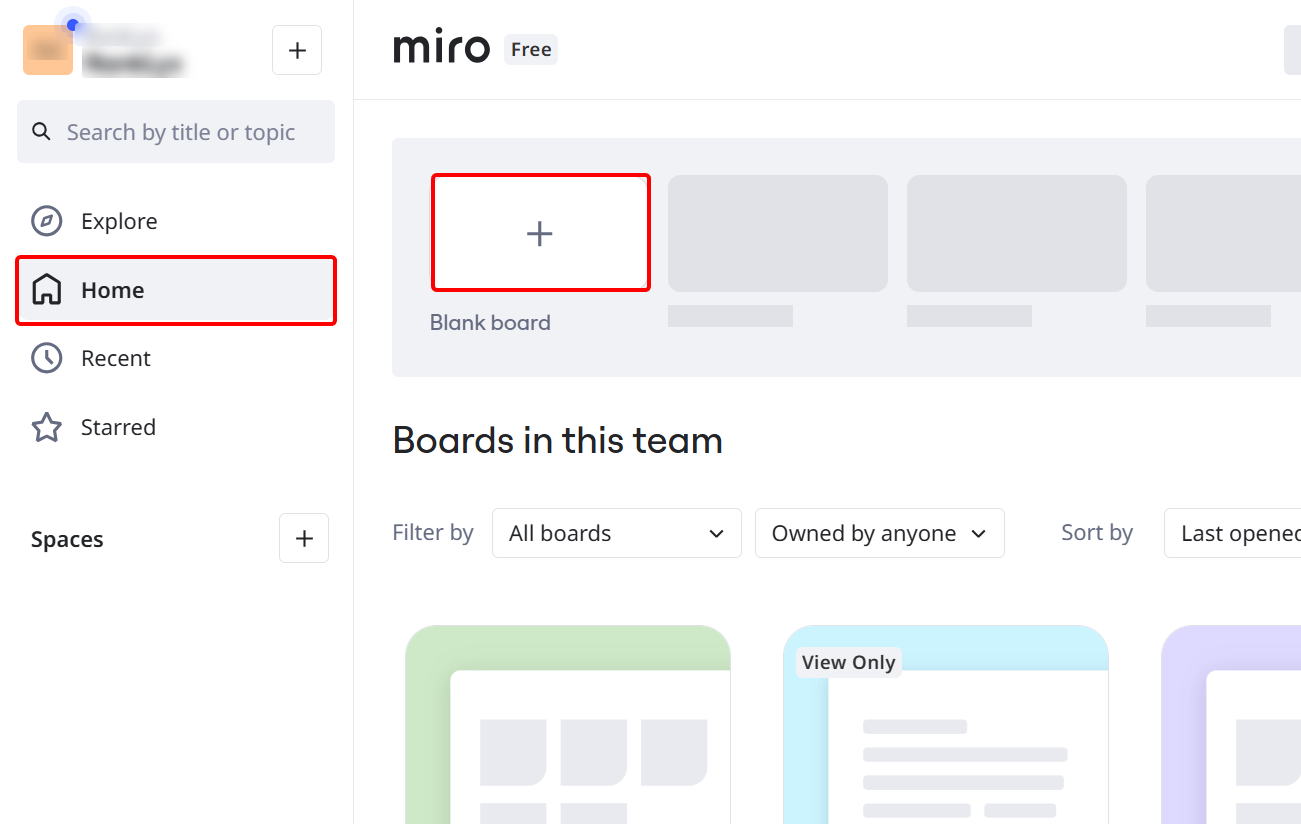 To create a new flowchart, you have to start on a blank board. Access the home dashboard and select the blankboard