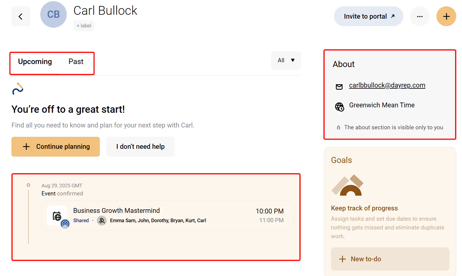 When you click on a booked client, you gain access to their details page, where you can view their email, timezone