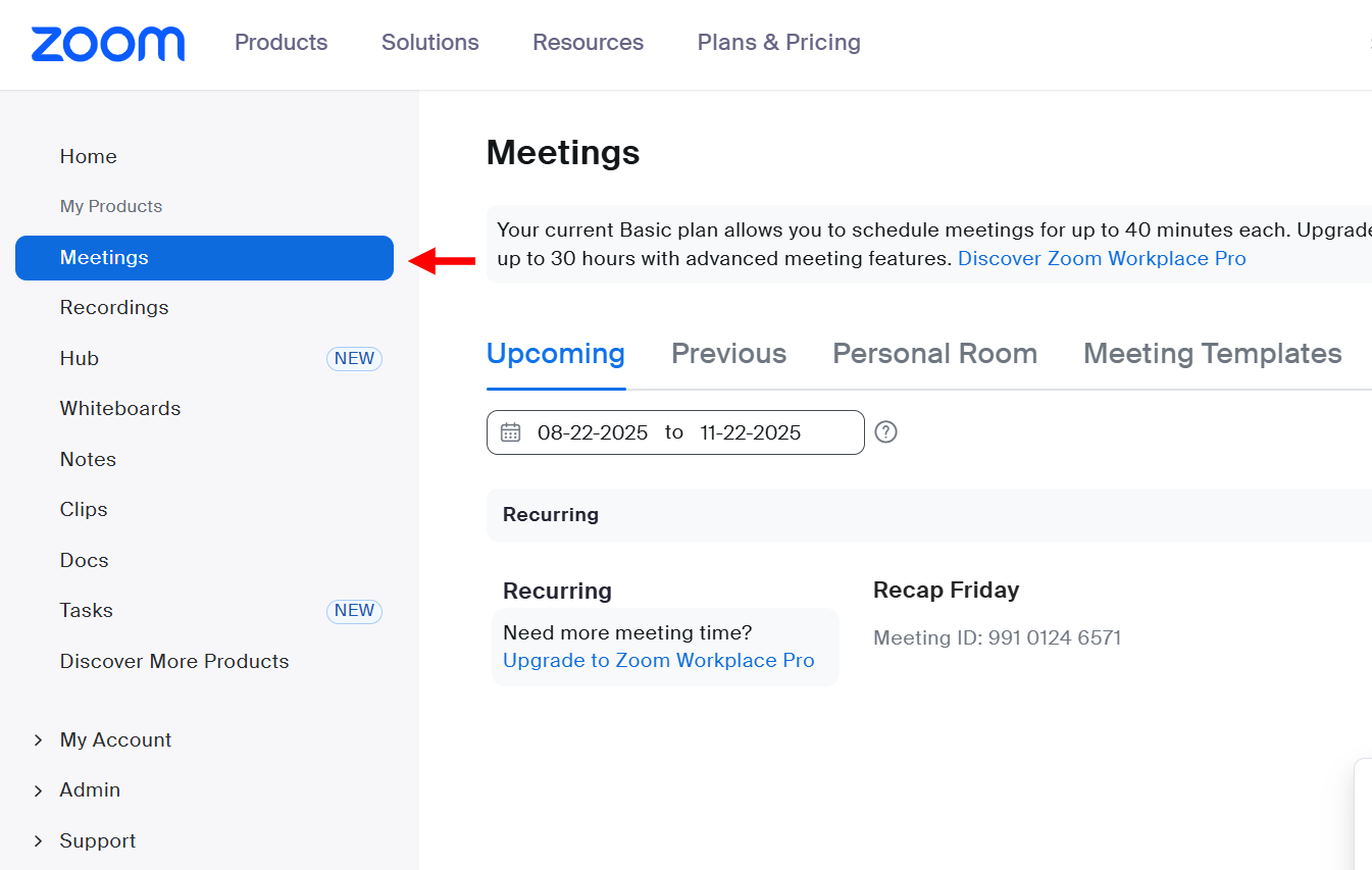 First, select the Meetings feature to access its section