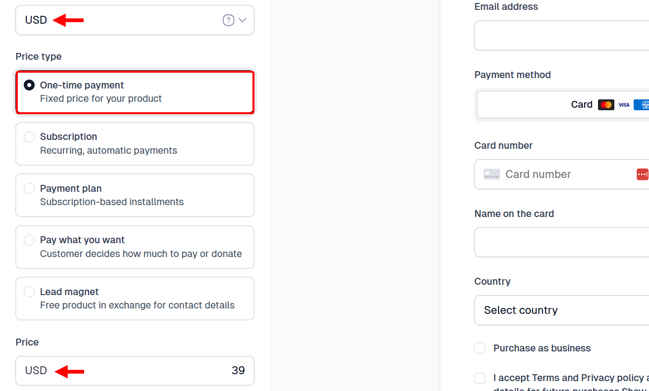 Next, scroll to the pricing section, where you enter the e-book's price and its corresponding currency