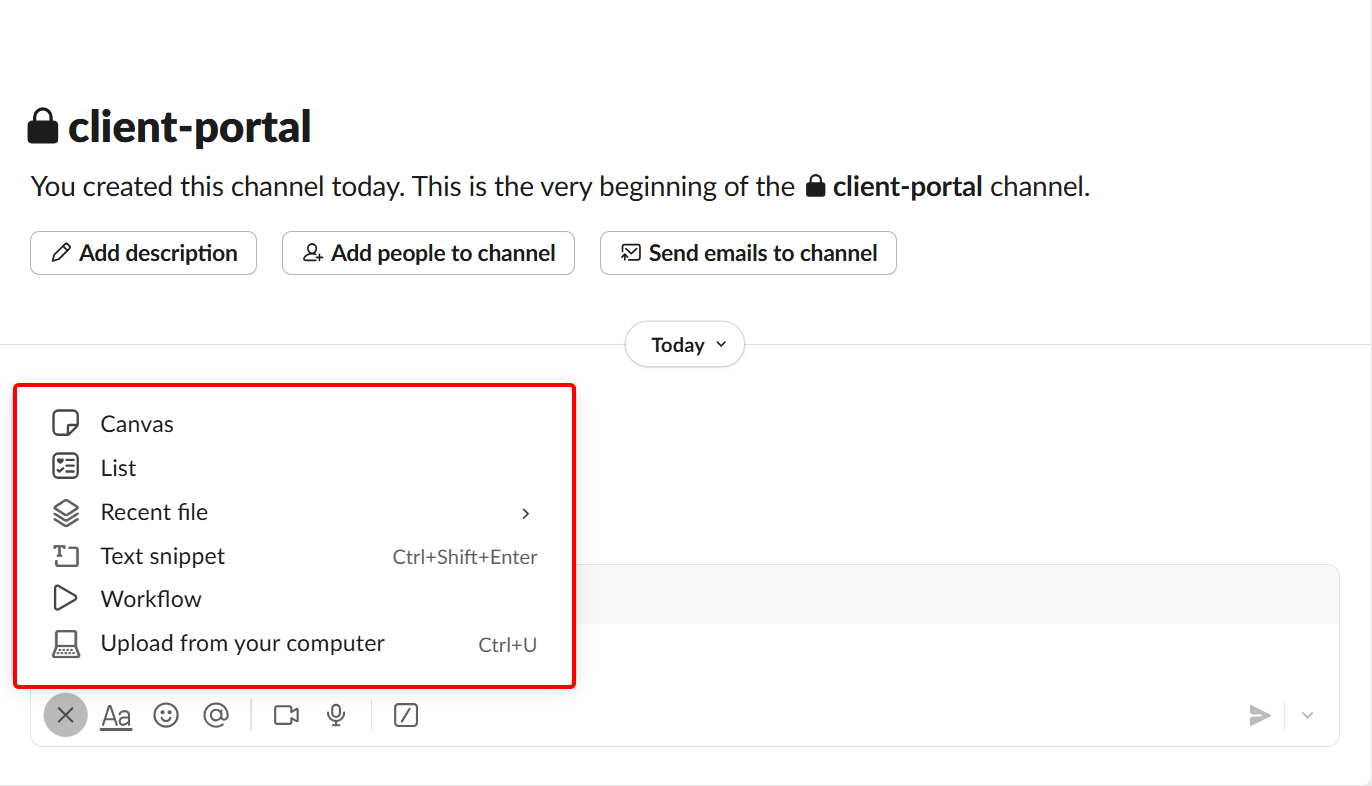 The more button lets you send canvas, list, files, workflow, and text snippets to the channel
