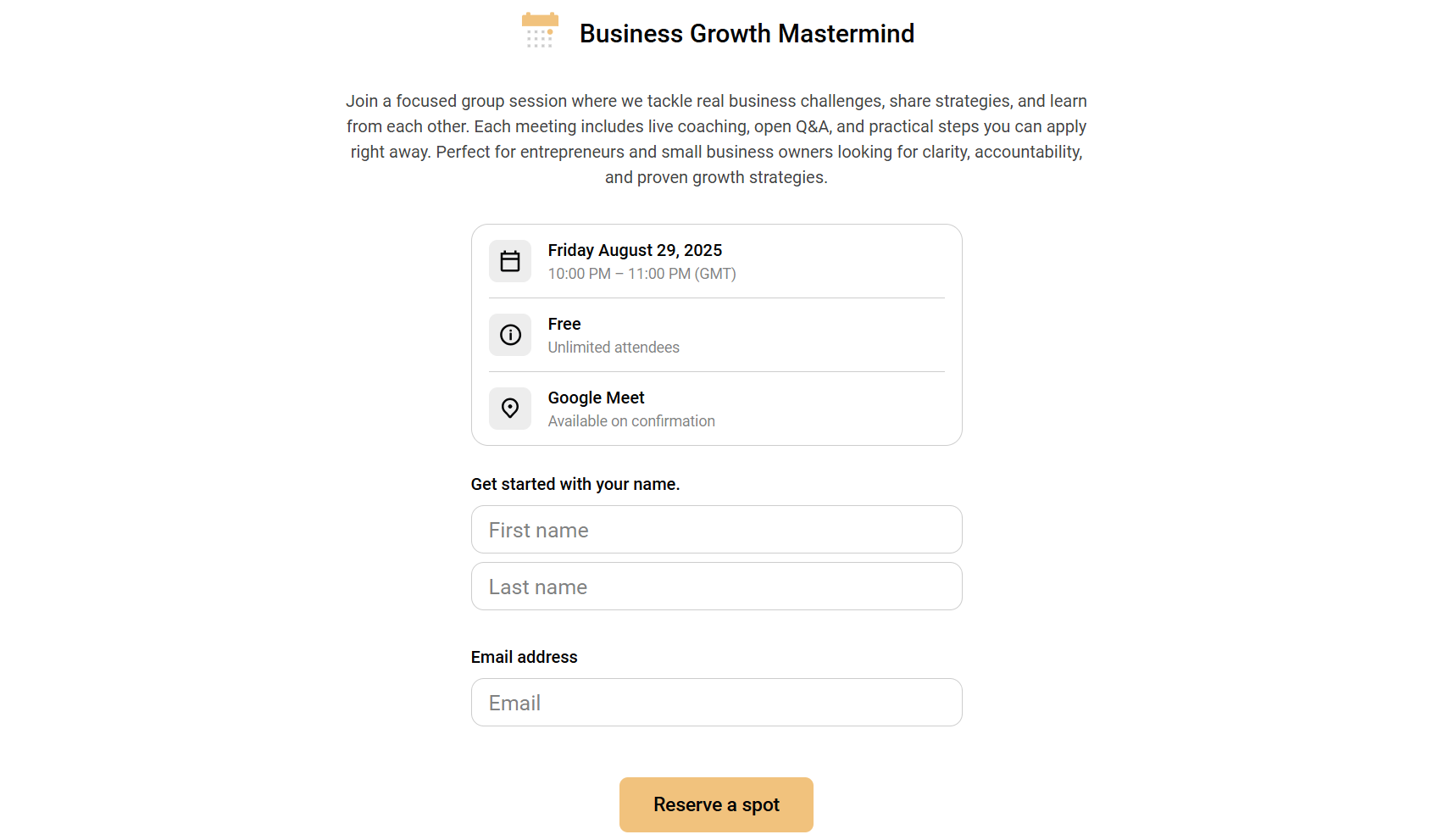 After launching the events, your clients who visit the page can view the event details and fill out its form before