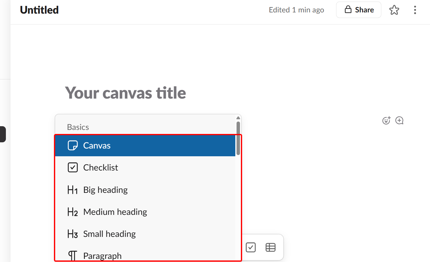 When creating canvas content, you can add basic elements, such as canvas, checklist, paragraphs, and heading levels