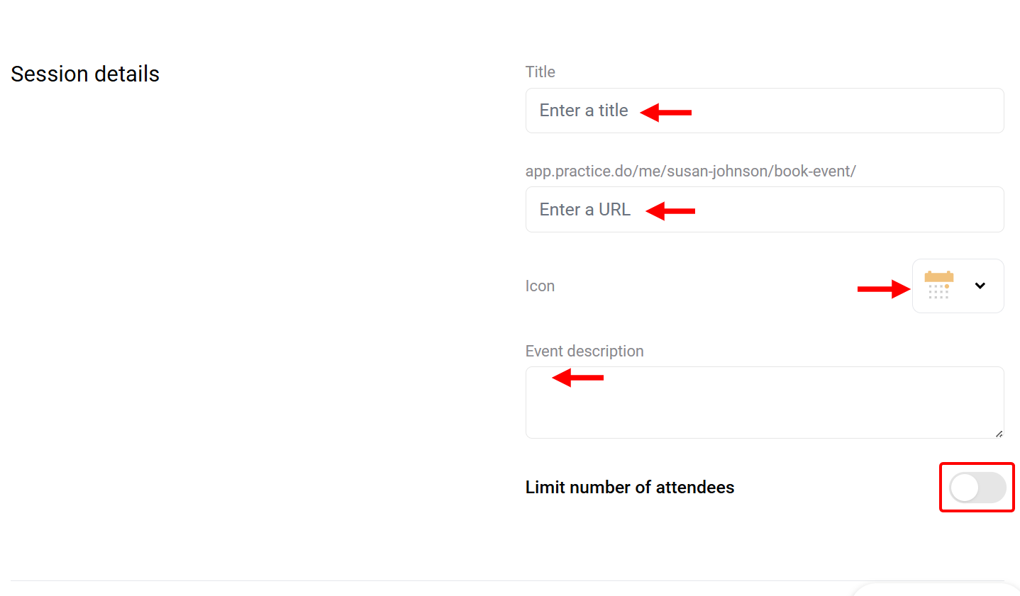 This opens the event setup screen